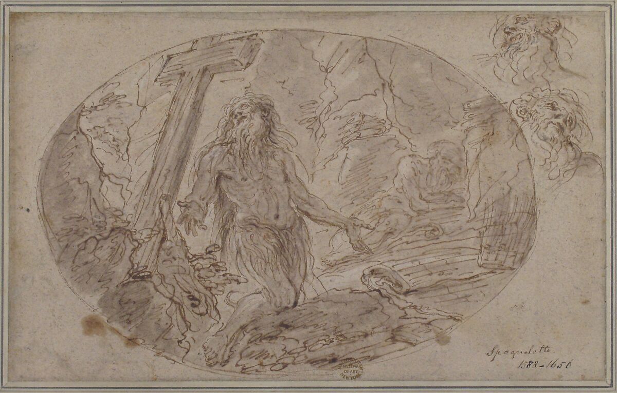 Two Hermits in the Wilderness, Domenico Maria Canuti (Italian, Bologna 1625–1684 Bologna), Pen and brown ink, brown wash, on beige paper