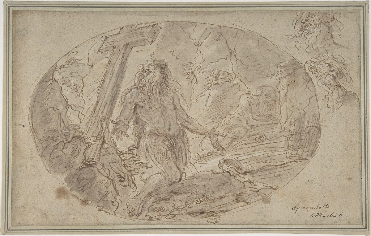 Two Hermits in the Wilderness, Domenico Maria Canuti (Italian, Bologna 1625–1684 Bologna), Pen and brown ink, brown wash, on beige paper 