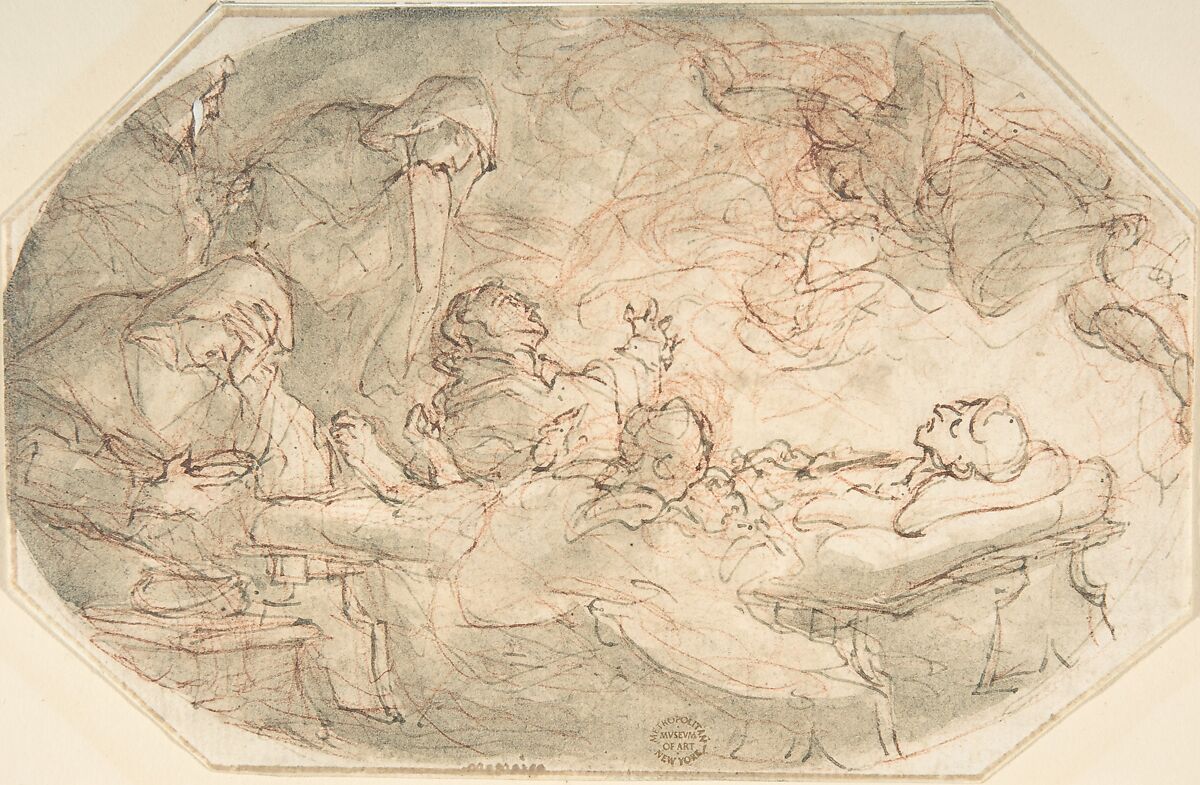 Death of a Saint, Anonymous, Italian, 17th or 18th century, Pen and brown ink, brush and brown wash, over red chalk on cream laid paper.  Oval framing outline by the artist -- in pen and brown ink; octagonal ruled framing outline in pen and brown ink 