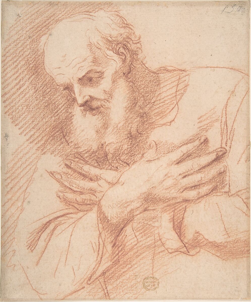 Old Bearded Man in Three-Quarter View with Hands Crossed Over His Chest, Anonymous, Italian, Roman-Bolognese, 17th century, Red chalk on light tan paper 