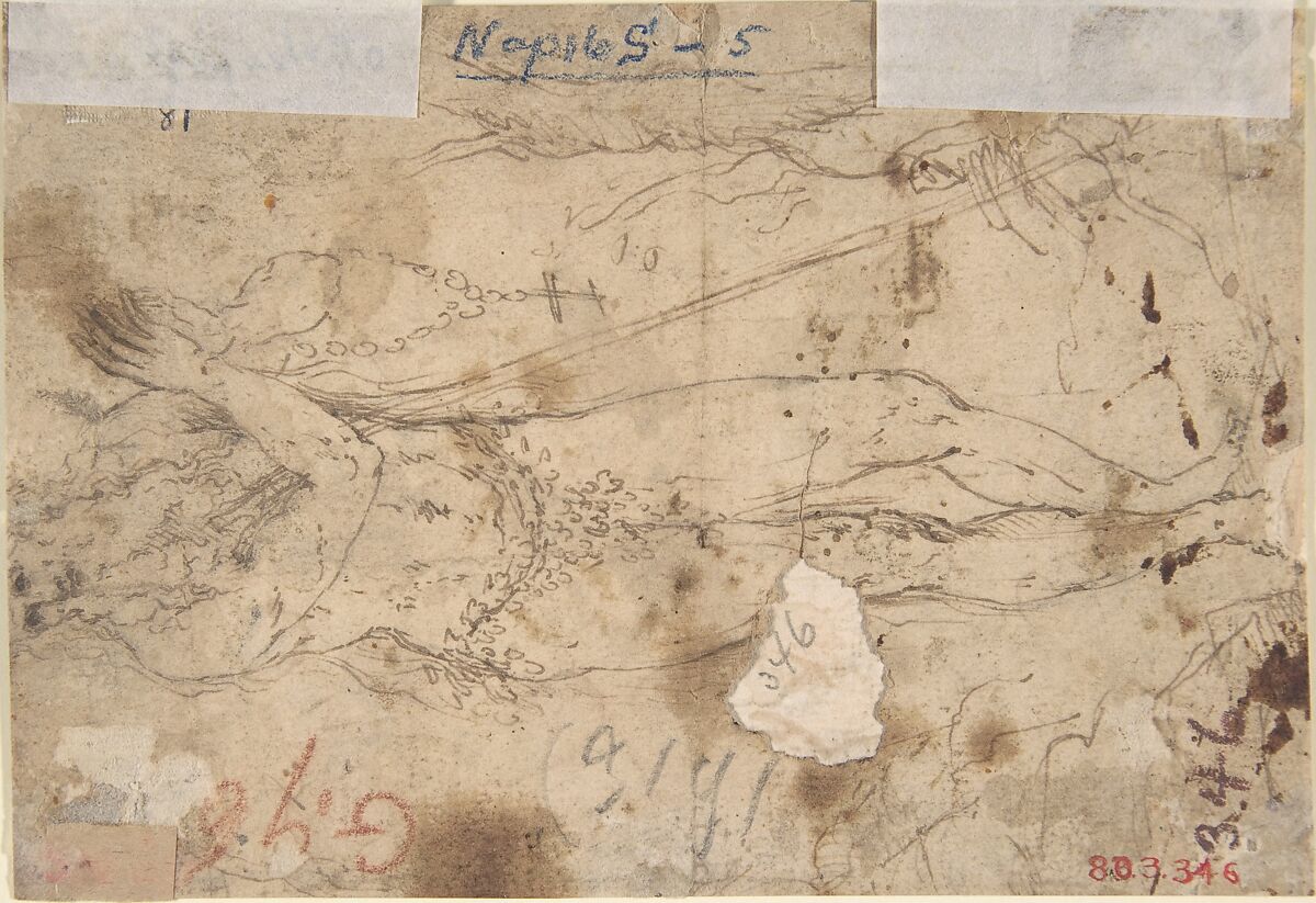 Christ in Limbo (recto); Saint with Rosary (verso), Anonymous, Italian, Roman-Bolognese, 17th century, Pen and brown ink, brush and brown wash, over red chalk, highlighted with white gouache on light tan paper; framing lines in red chalk and brush and brown wash