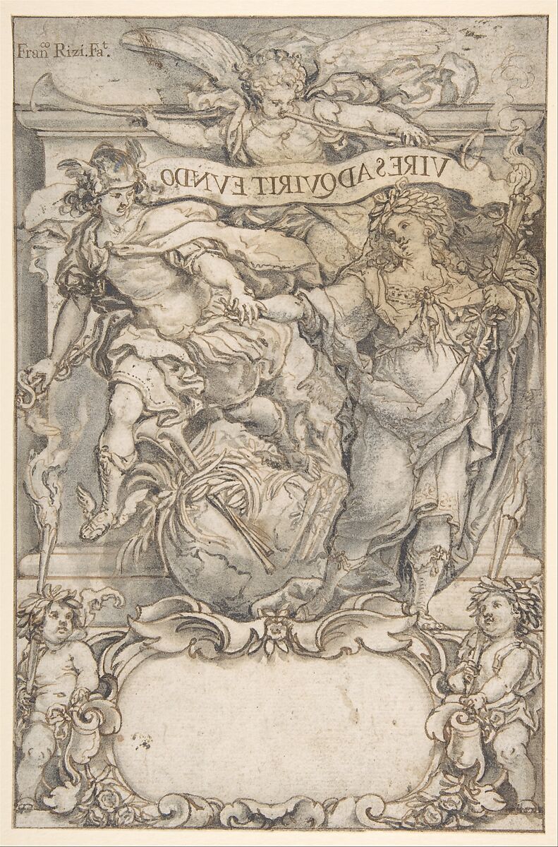 Design for a Frontispiece:  Mercury and Fame, Francisco Rizi (Spanish, 1614–1685), Pen and brown ink with pen and black ink and brush and gray wash. Composition outlined in pen and brown ink. Contours incised and verso blackened with carbon dust for transfer 