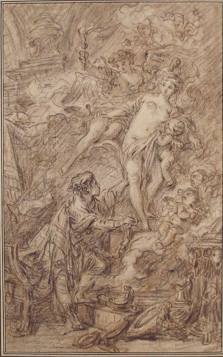 Pygmalion and Galatea, François Boucher (French, Paris 1703–1770 Paris), Brown chalk