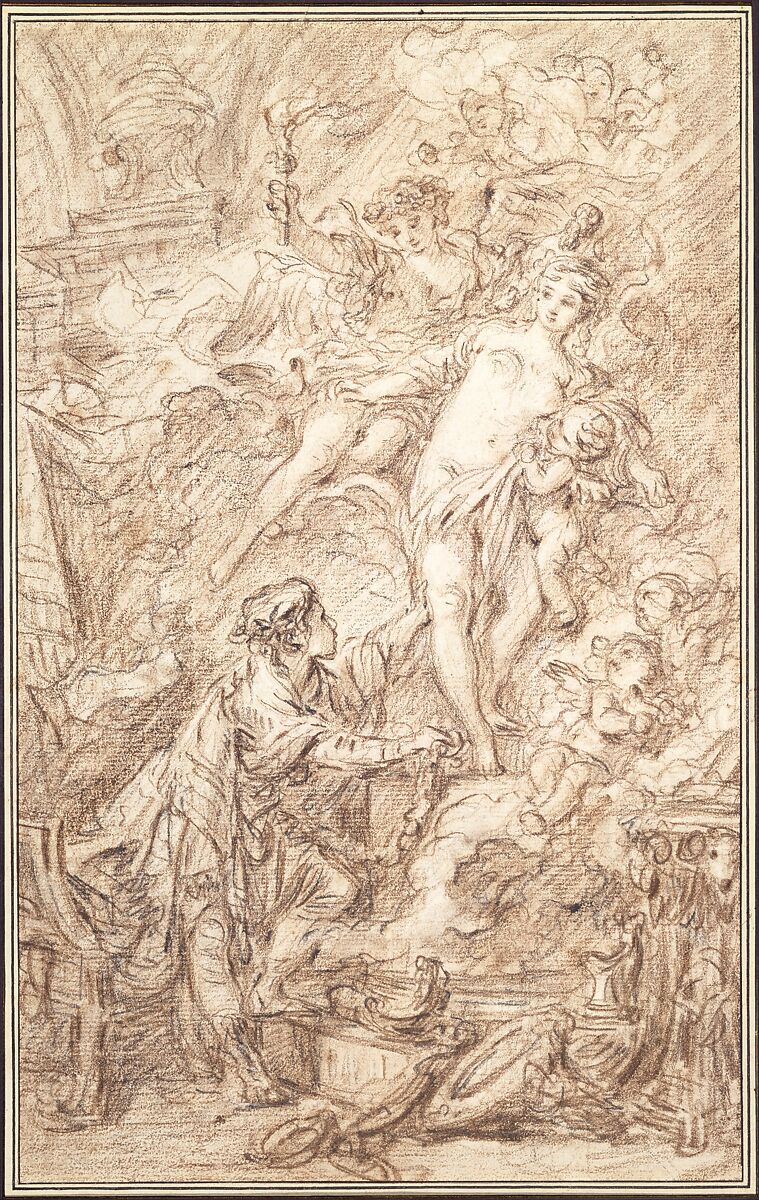 Pygmalion and Galatea, François Boucher (French, Paris 1703–1770 Paris), Brown chalk
