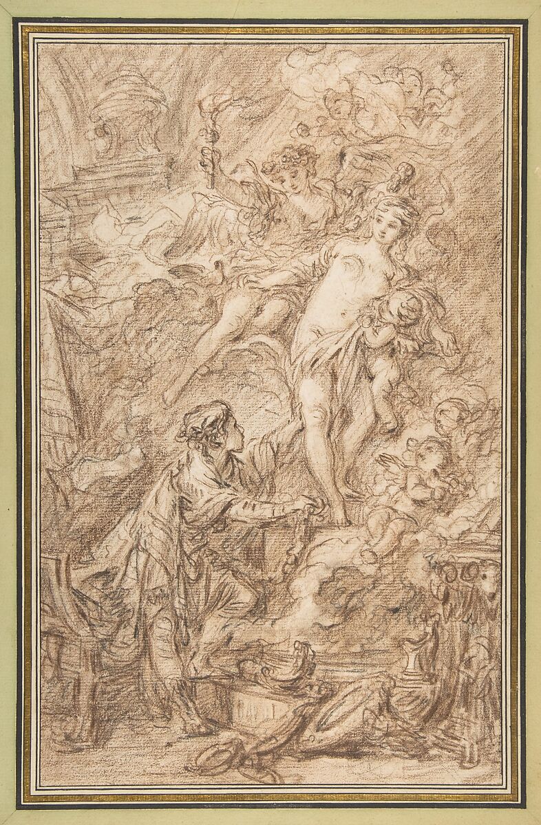 Pygmalion and Galatea, François Boucher (French, Paris 1703–1770 Paris), Brown chalk 