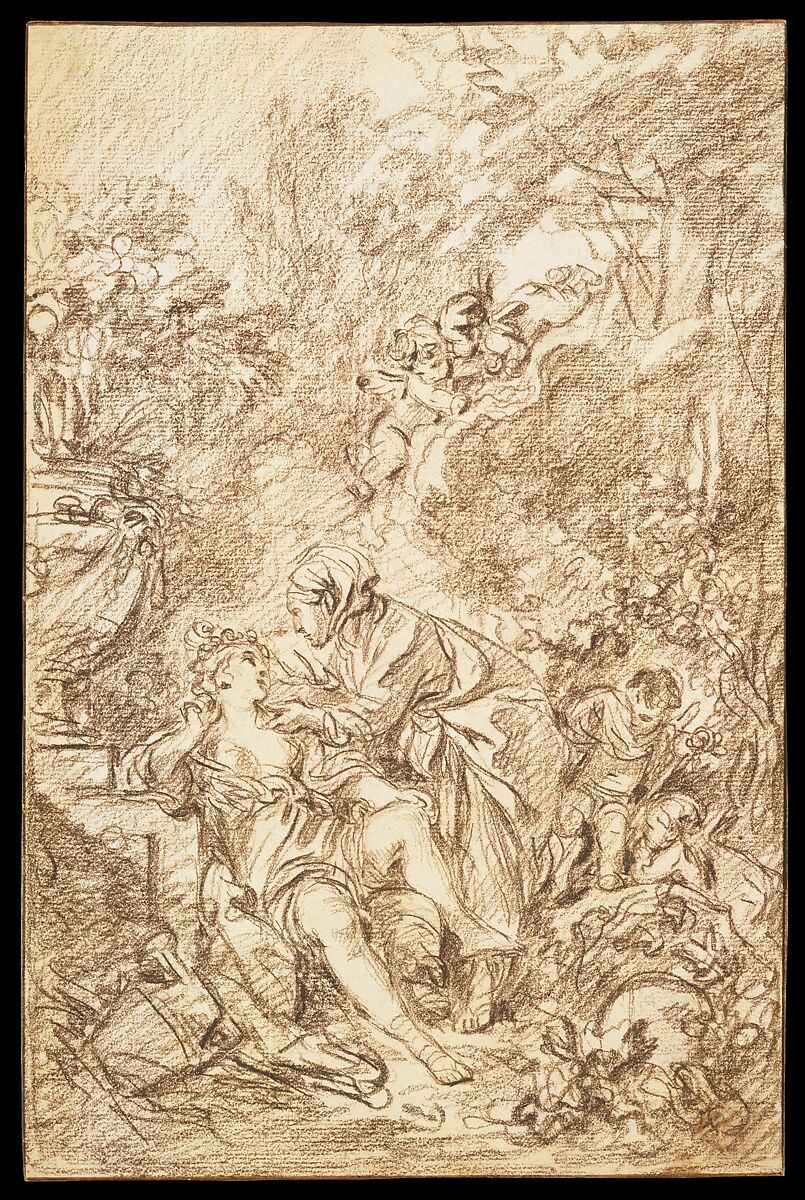 Vertumnus and Pomona, François Boucher (French, Paris 1703–1770 Paris), Brown chalk