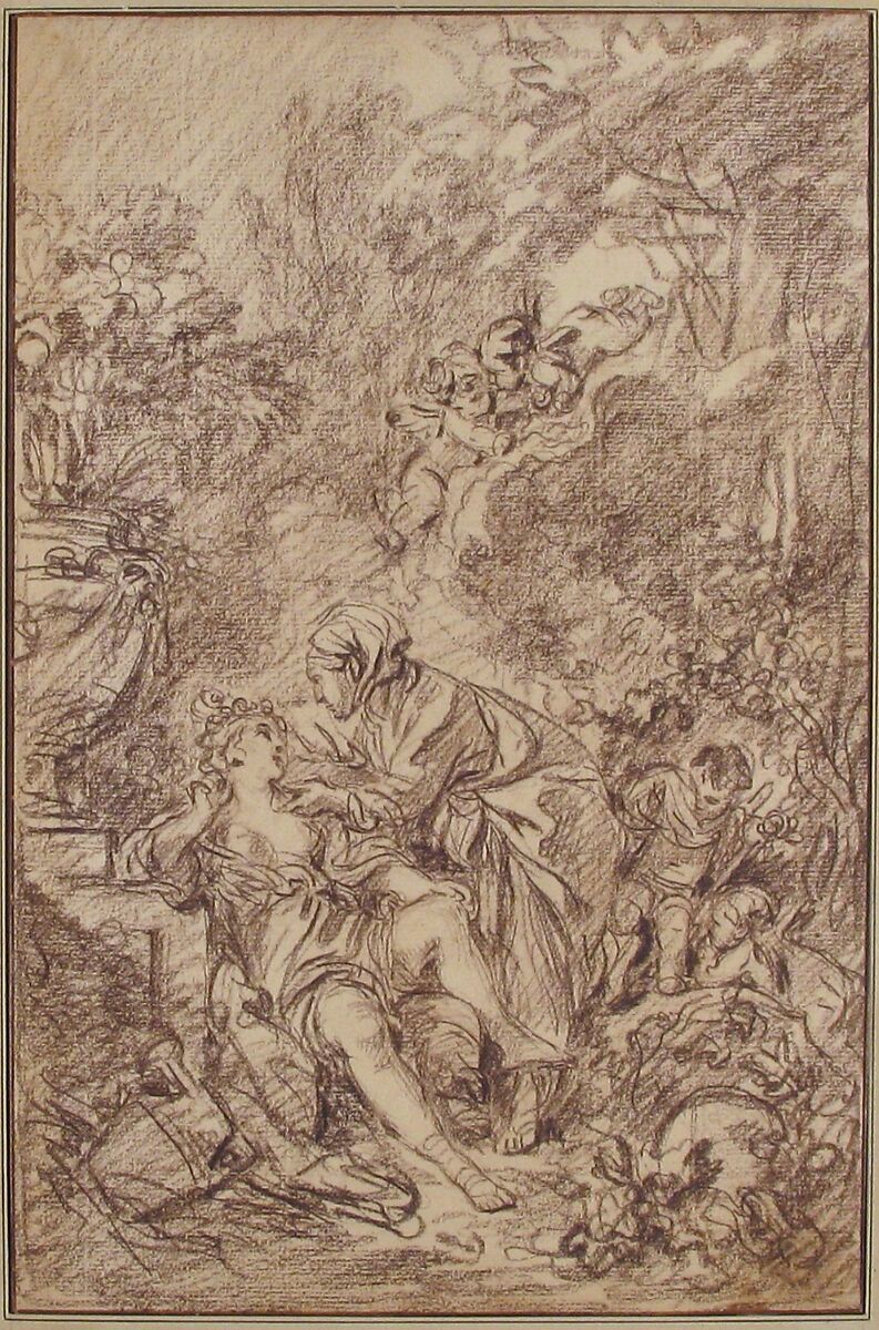 Vertumnus and Pomona, François Boucher (French, Paris 1703–1770 Paris), Brown chalk