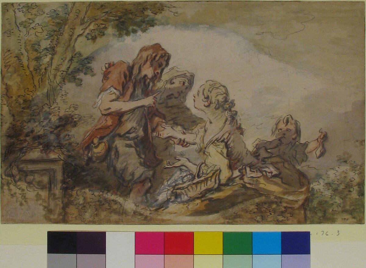 The Fortune Teller, François Boucher (French, Paris 1703–1770 Paris), Pen and black ink, brush and gray wash, watercolor, and gouache, over black chalk underdrawing