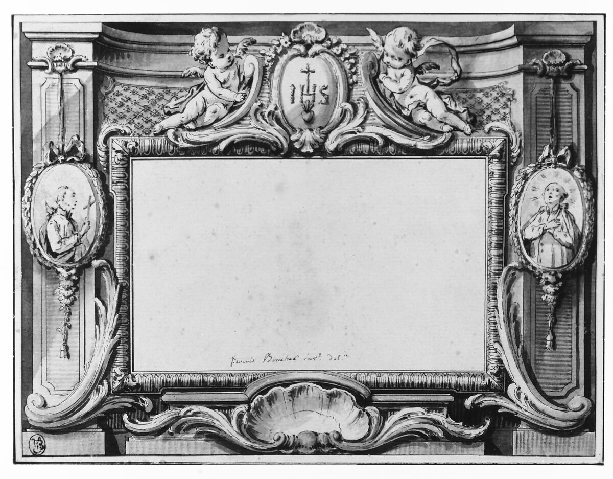 Design for a Frontispiece Surmounted by the Sacred Monogram IHS, Attributed to François Boucher (French, Paris 1703–1770 Paris), Pen and black ink, brush and gray wash