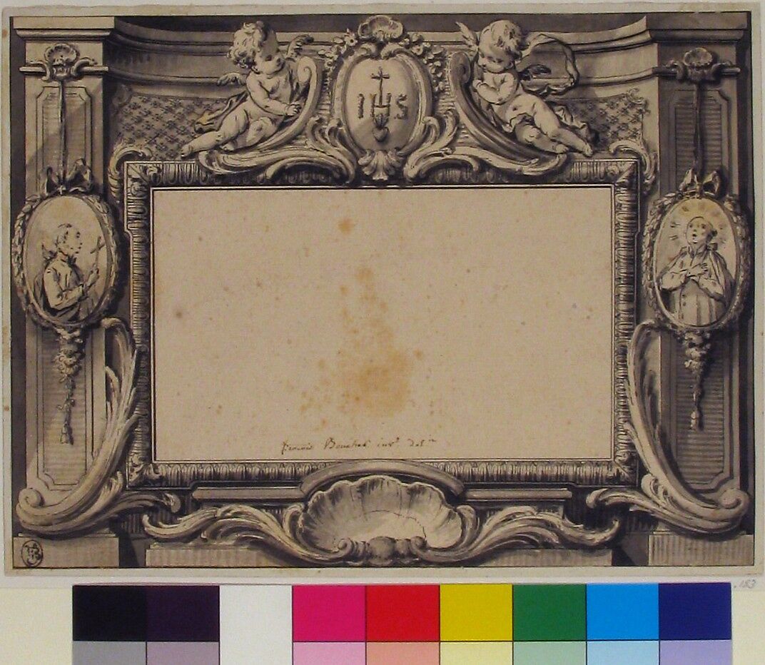 Design for a Frontispiece Surmounted by the Sacred Monogram IHS, Attributed to François Boucher (French, Paris 1703–1770 Paris), Pen and black ink, brush and gray wash