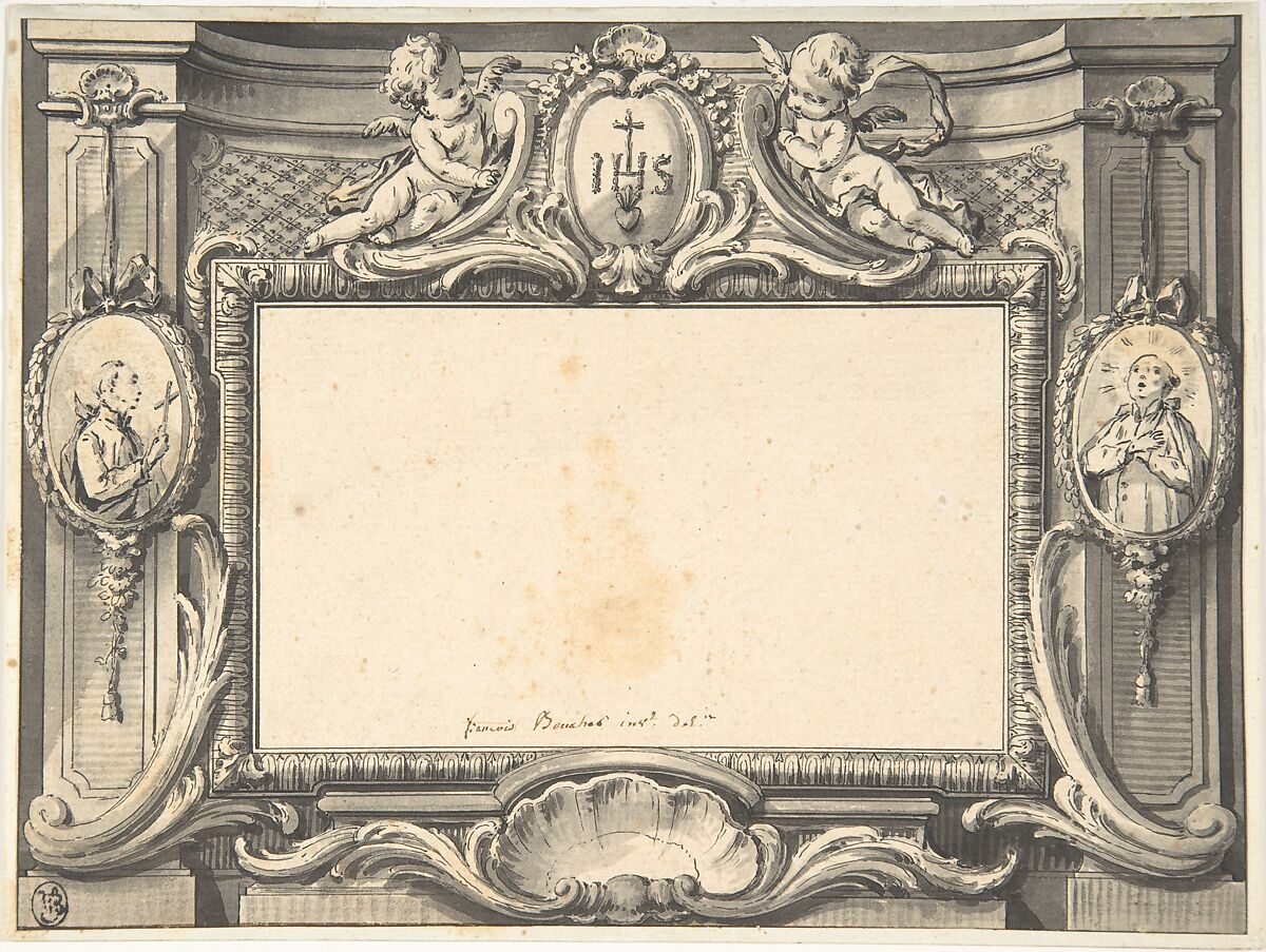 Design for a Frontispiece Surmounted by the Sacred Monogram IHS, Attributed to François Boucher (French, Paris 1703–1770 Paris), Pen and black ink, gray wash 