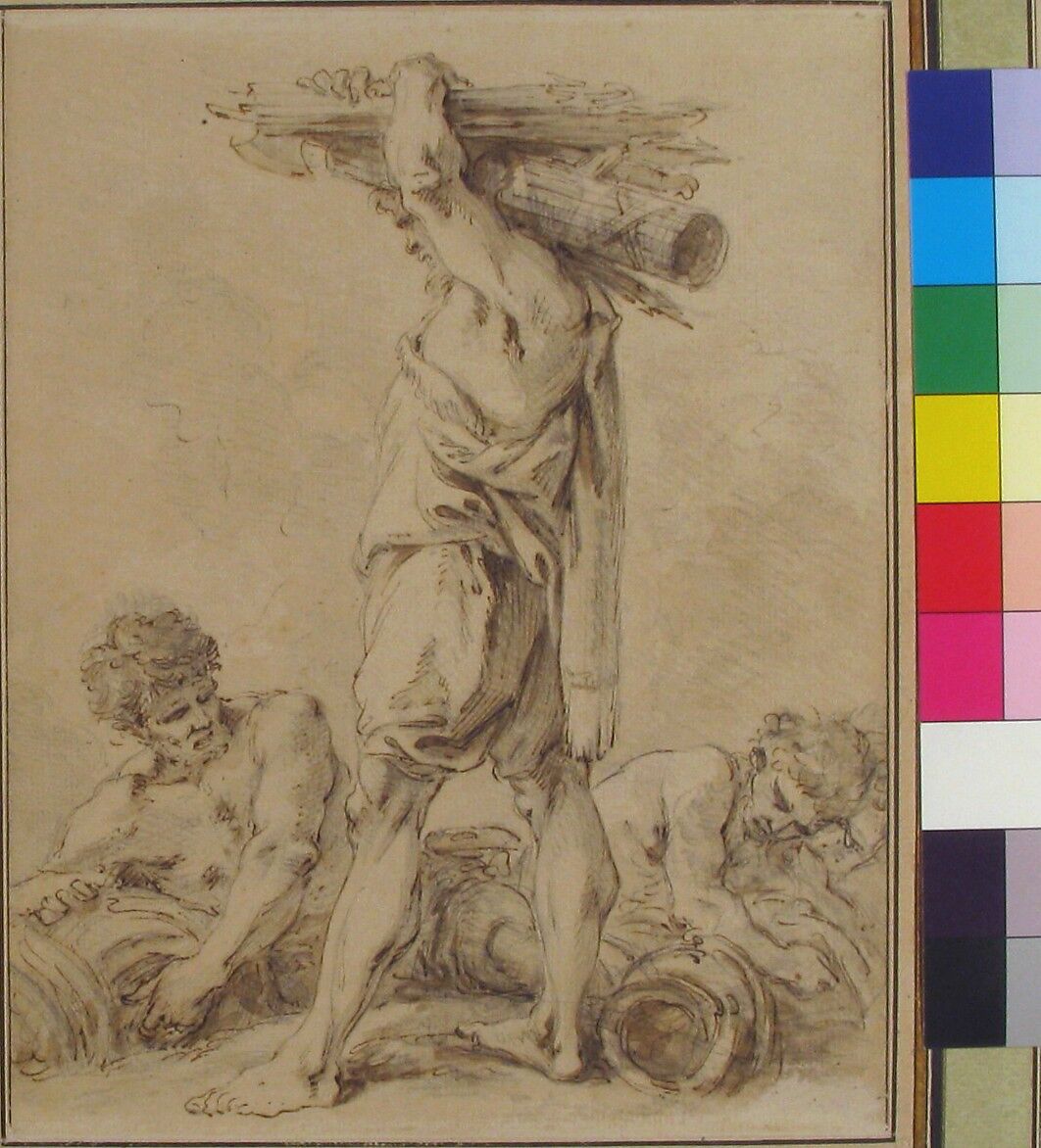 Standing Man Carrying Fasces and Arms, François Boucher (French, Paris 1703–1770 Paris), Pen, brown ink and brown wash over black chalk
