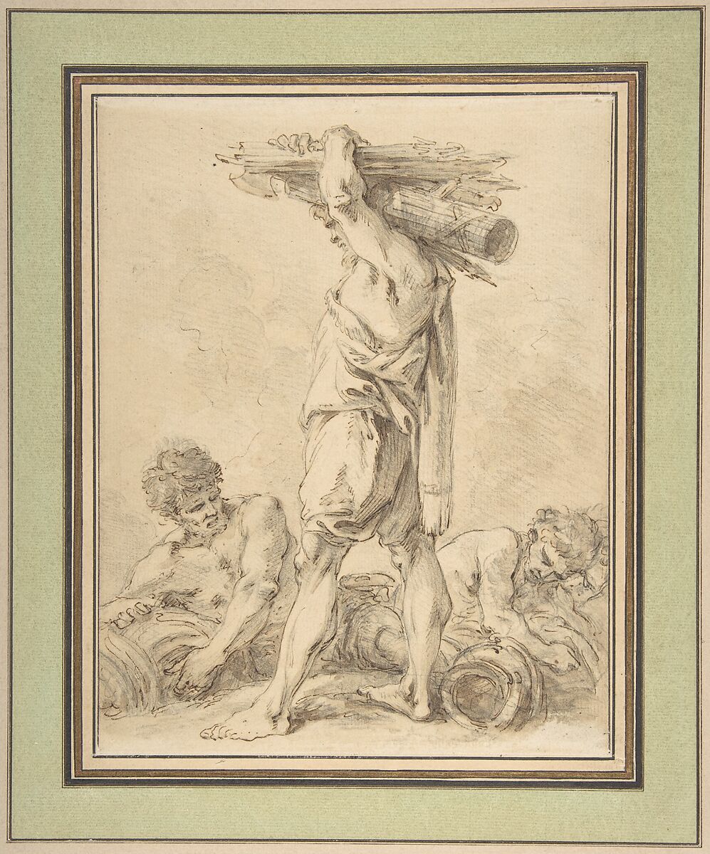 Standing Man Carrying Fasces and Arms, François Boucher (French, Paris 1703–1770 Paris), Pen, brown ink and brown wash over black chalk 