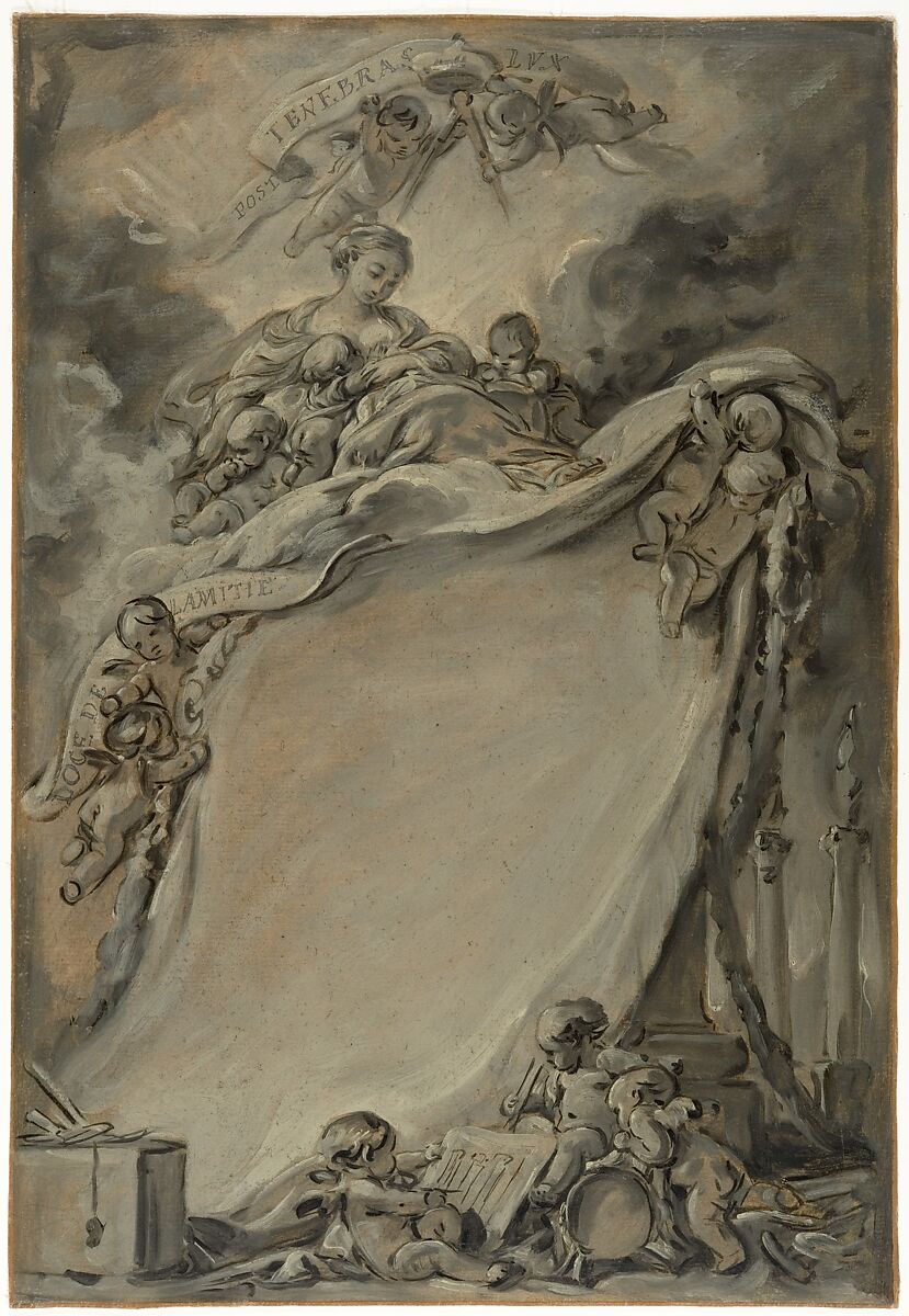 Diploma of the Freemasons of Bordeaux, François Boucher (French, Paris 1703–1770 Paris), Black and white oil paint on brown paper 