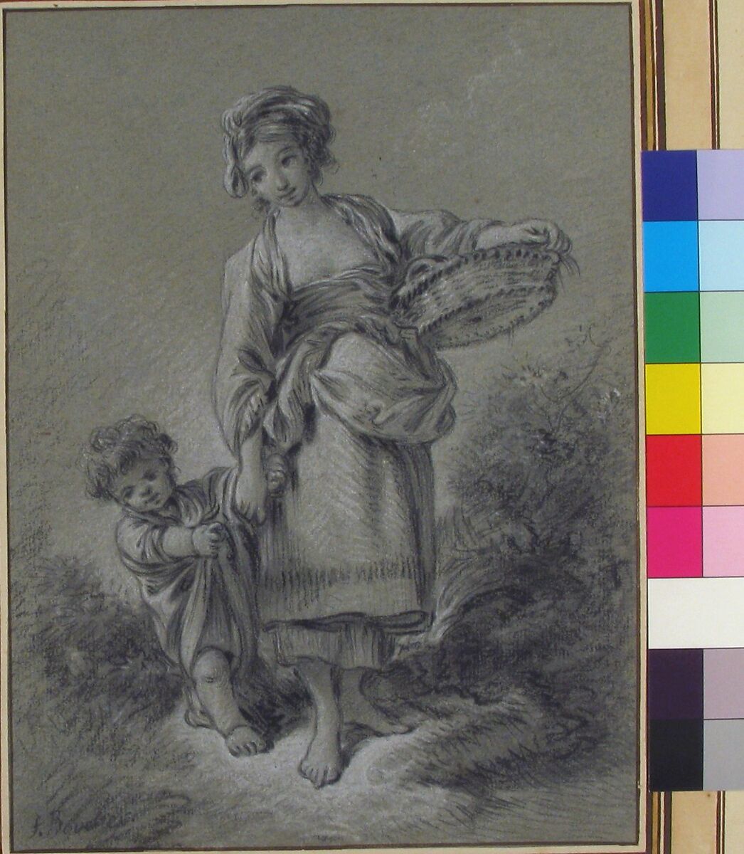 Woman and Boy, François Boucher (French, Paris 1703–1770 Paris), Black and white chalk on gray paper; framing lines in pen and brown ink