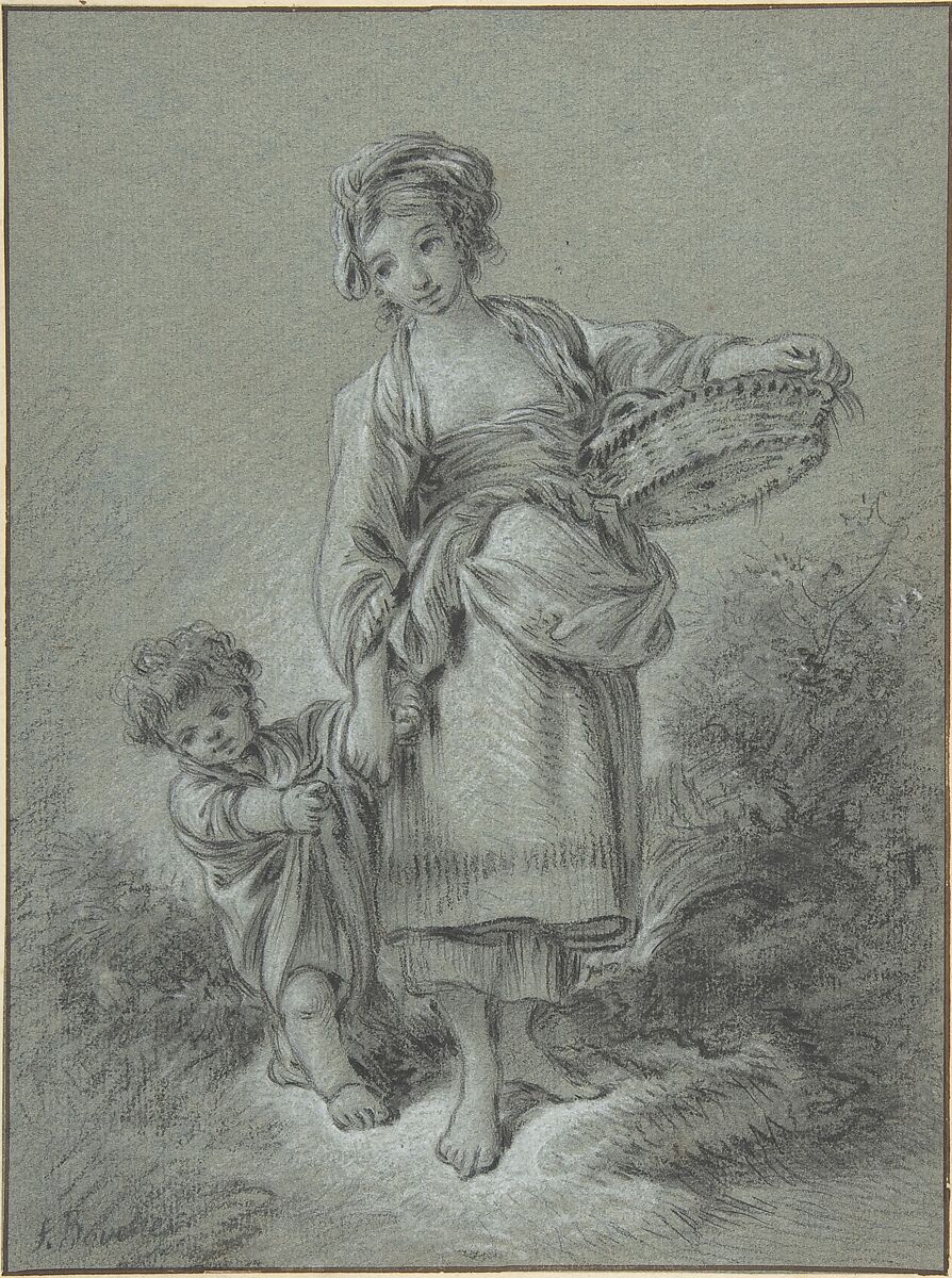 Woman and Boy, François Boucher (French, Paris 1703–1770 Paris), Black and white chalk on gray paper; framing lines in pen and brown ink 