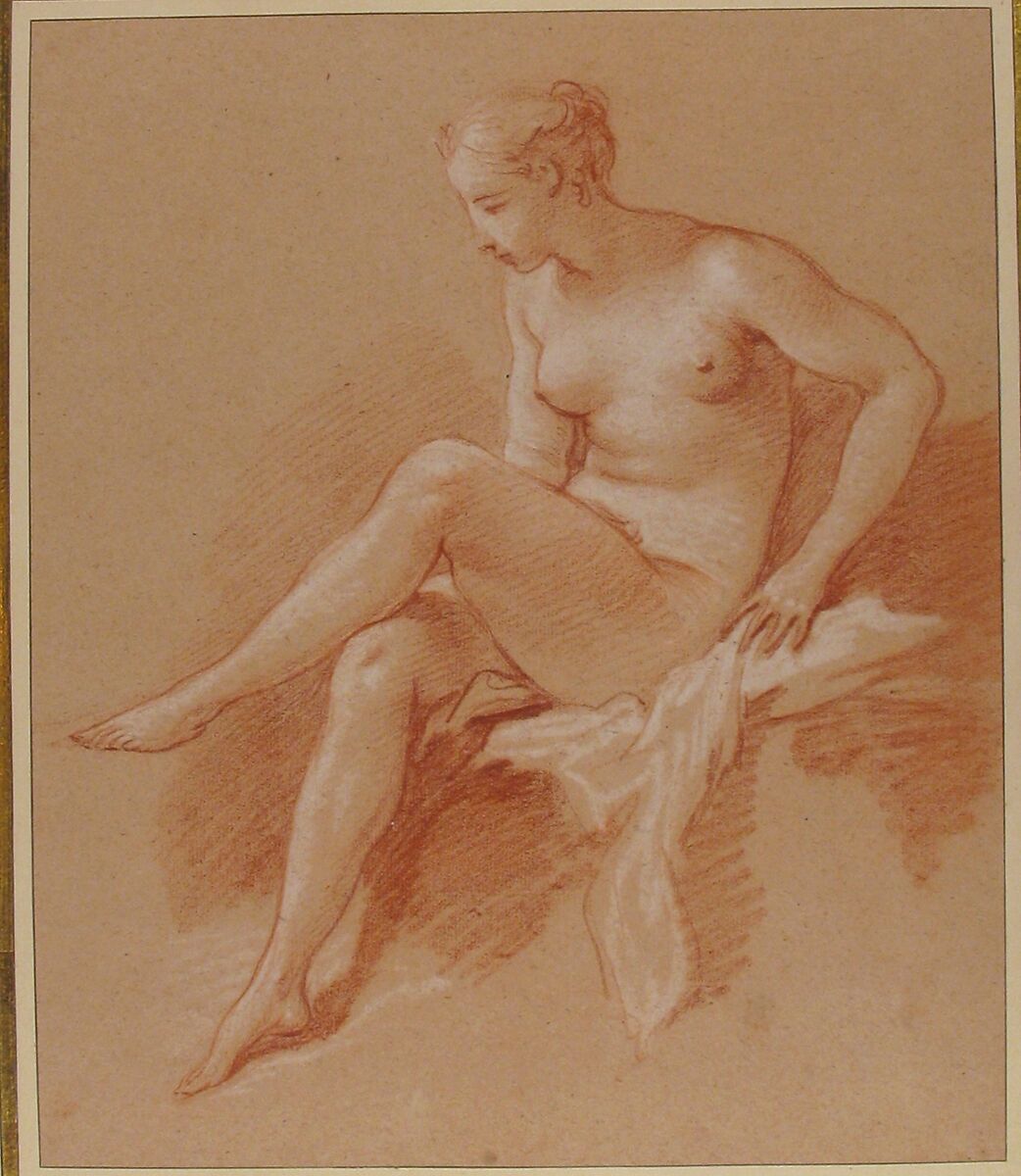 Seated female nude, François Boucher (French, Paris 1703–1770 Paris), Red chalk, heightened with white on beige paper