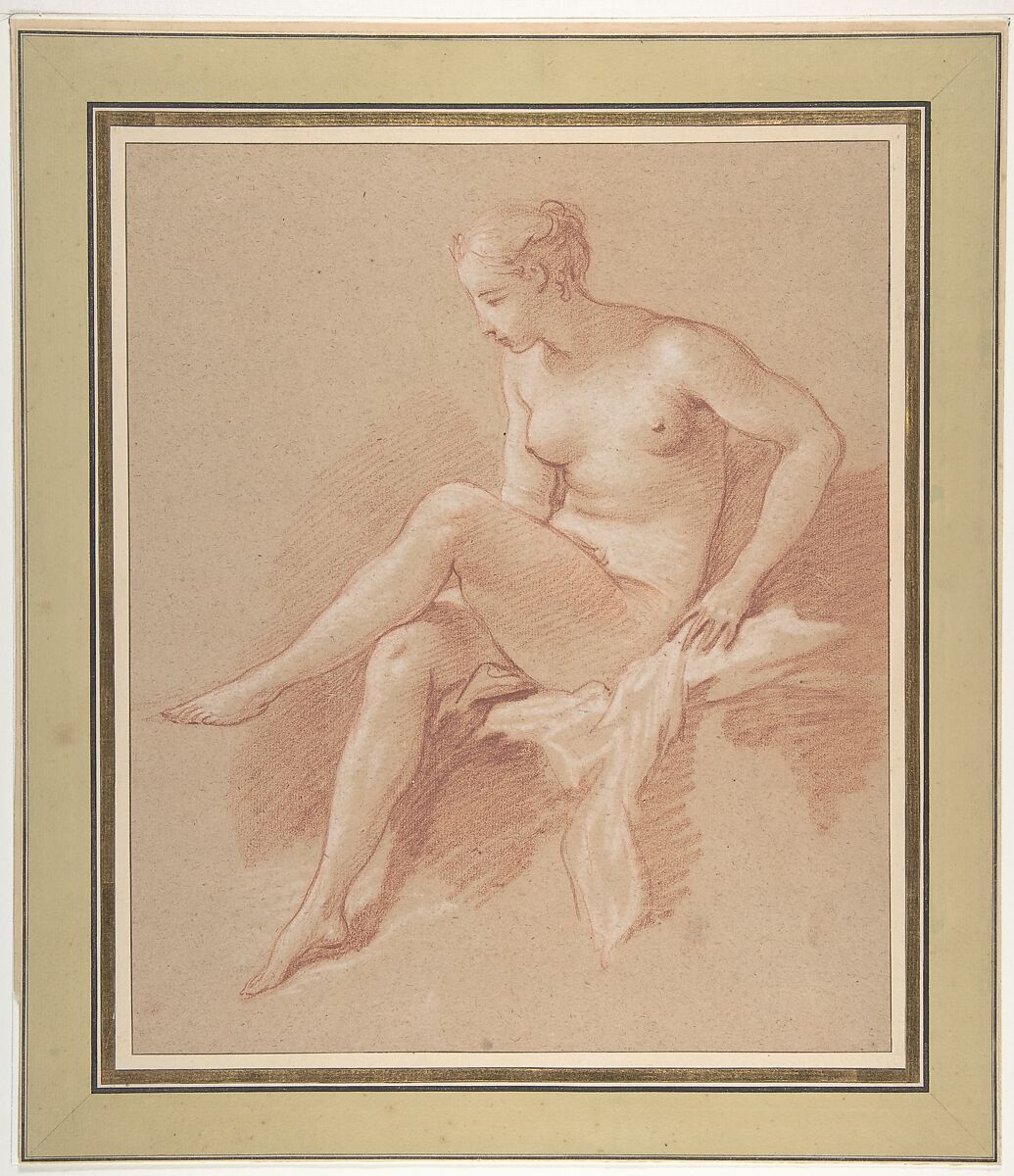 Seated female nude, François Boucher (French, Paris 1703–1770 Paris), Red chalk, heightened with white on beige paper 