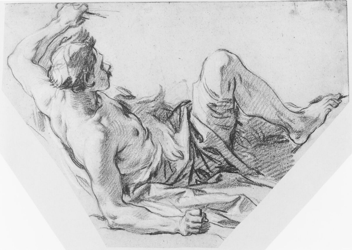 Fallen Huntsman, François Boucher (French, Paris 1703–1770 Paris), Red chalk, heightened with white