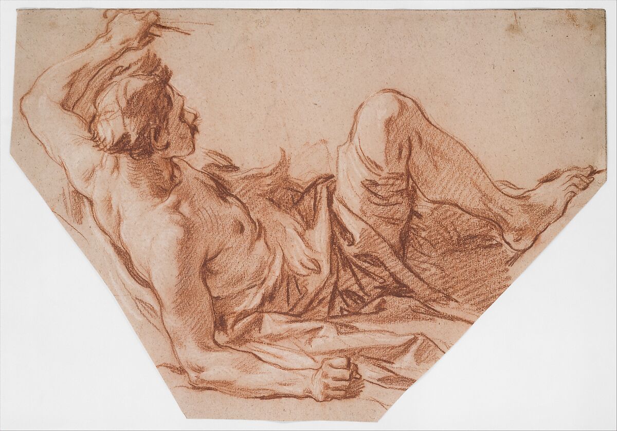 Fallen Huntsman, François Boucher (French, Paris 1703–1770 Paris), Red chalk, heightened with white