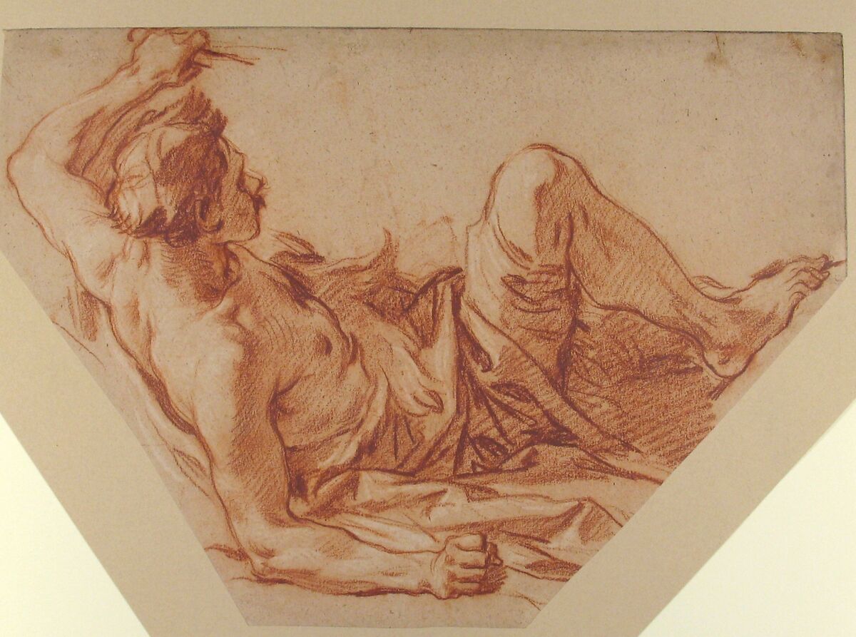 Fallen Huntsman, François Boucher (French, Paris 1703–1770 Paris), Red chalk, heightened with white