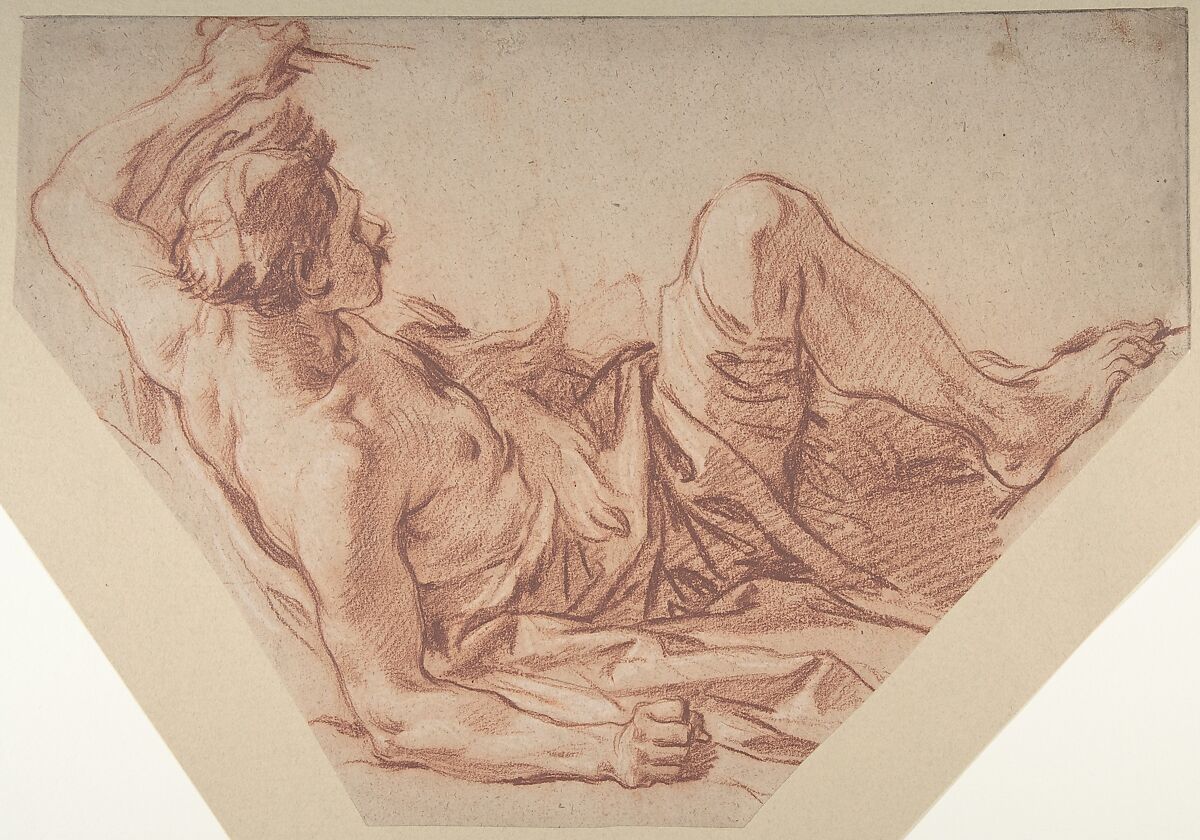 Fallen Huntsman, François Boucher (French, Paris 1703–1770 Paris), Red chalk, heightened with white 