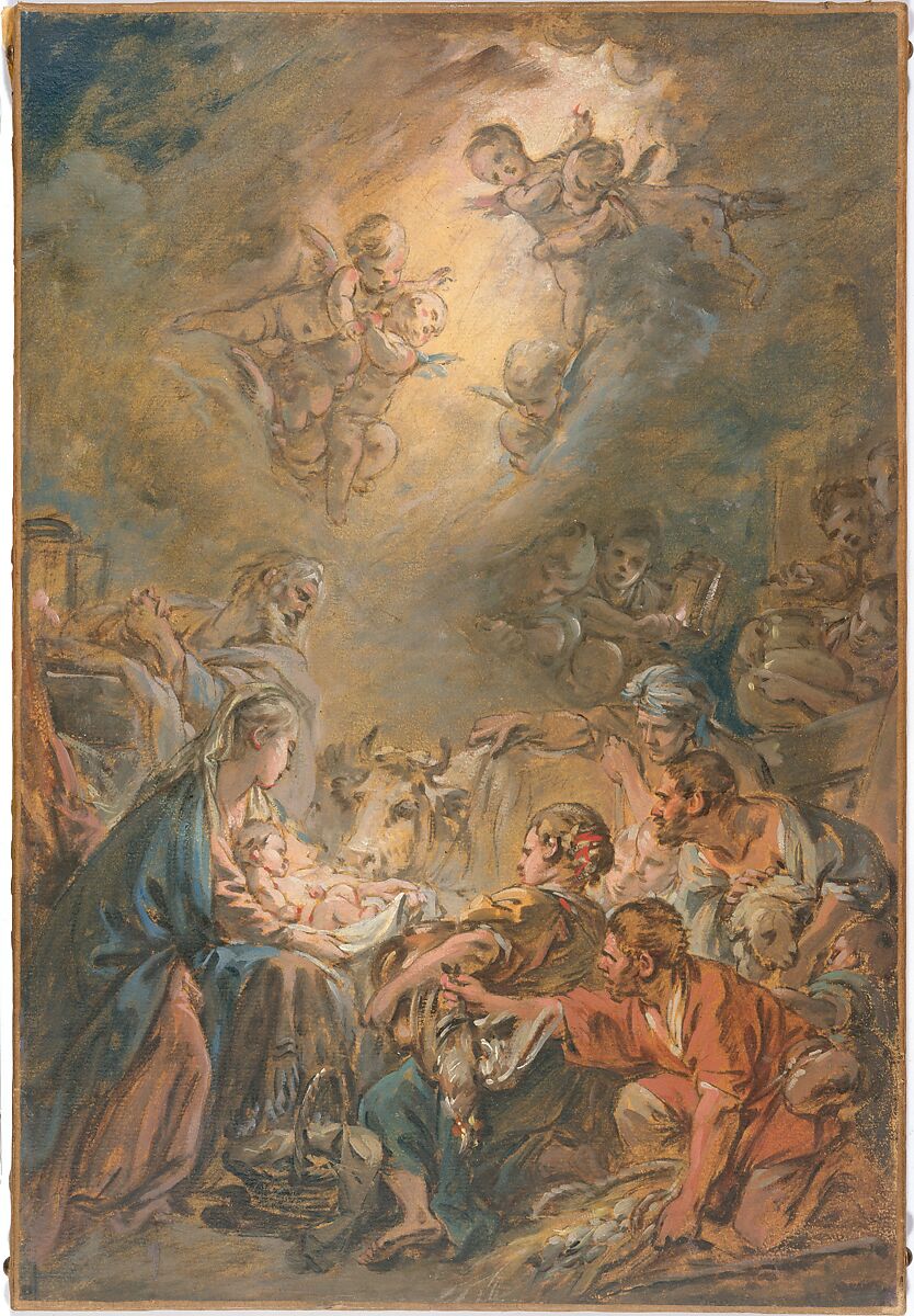 The Adoration of the Shepherds, François Boucher (French, Paris 1703–1770 Paris), Gouache over black chalk underdrawing, on paper, mounted on canvas
