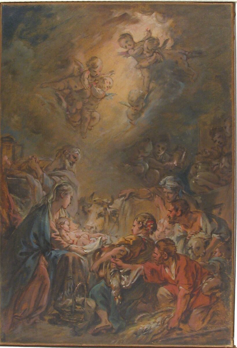 The Adoration of the Shepherds, François Boucher (French, Paris 1703–1770 Paris), Gouache over black chalk underdrawing, on paper, mounted on canvas