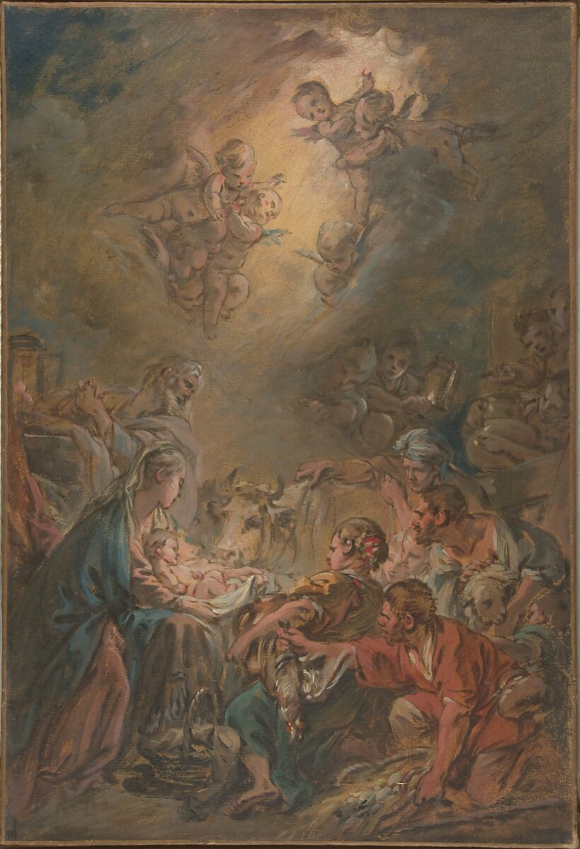 The Adoration of the Shepherds, François Boucher (French, Paris 1703–1770 Paris), Gouache over black chalk underdrawing, on paper, mounted on canvas 