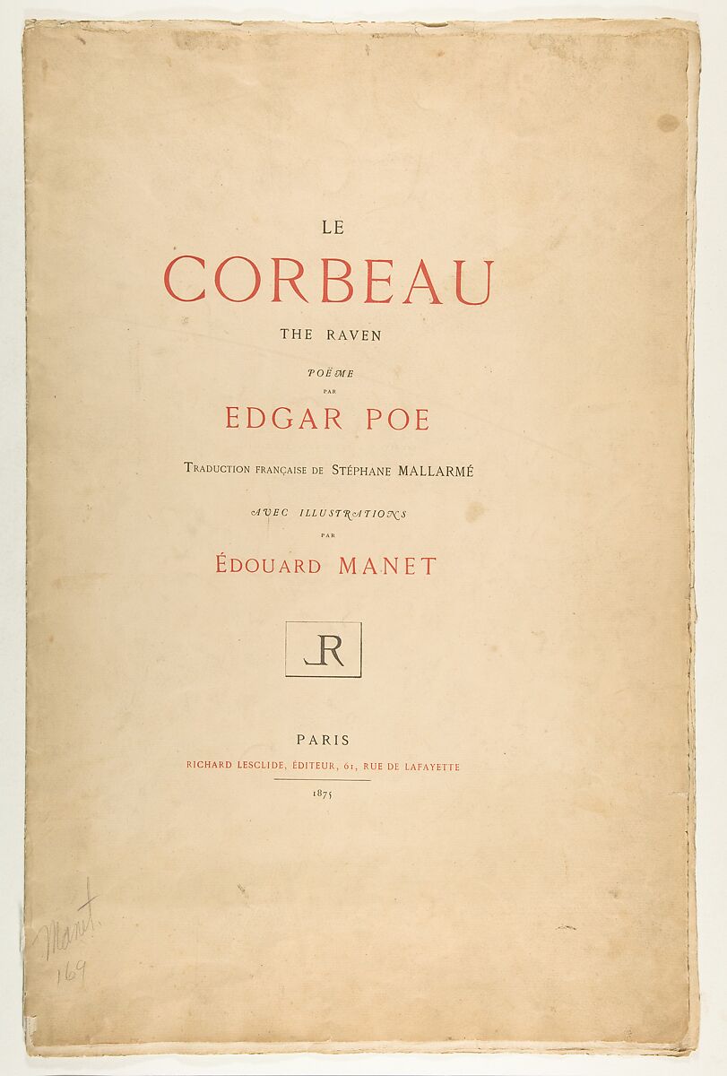 Portfolio cover and text for The Raven by Edgar Allan Poe, Edouard Manet  French, letterpress in black and red ink on laid (Hollande) paper