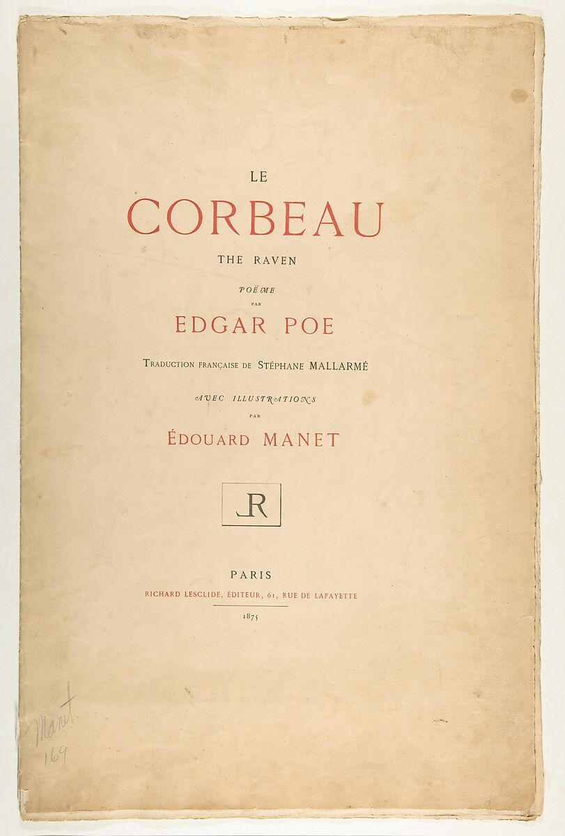 Portfolio cover and text for "The Raven" by Edgar Allan Poe, Edouard Manet (French, Paris 1832–1883 Paris), Letterpress in black and red ink 