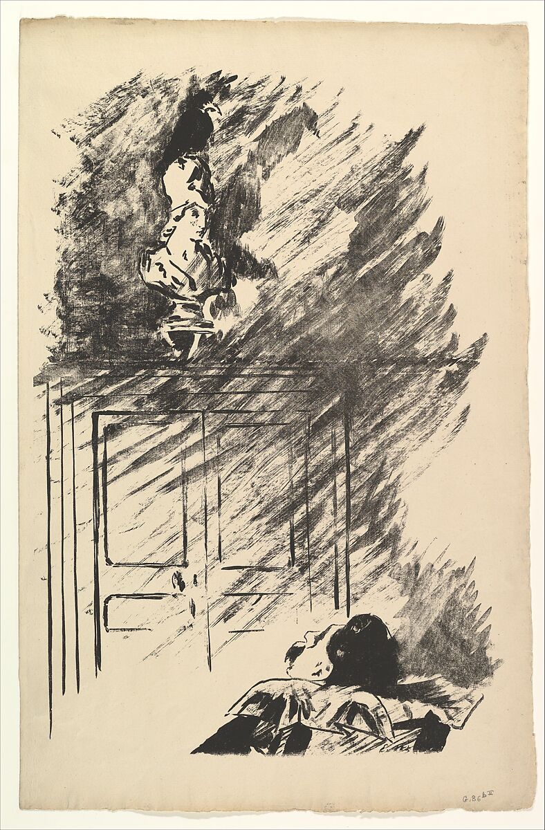 Perched upon a Bust of Pallas. Illustration to The Raven by Edgar Allan Poe, Edouard Manet (French, Paris 1832–1883 Paris), Transfer lithograph on laid (Hollande) paper, final state of two 