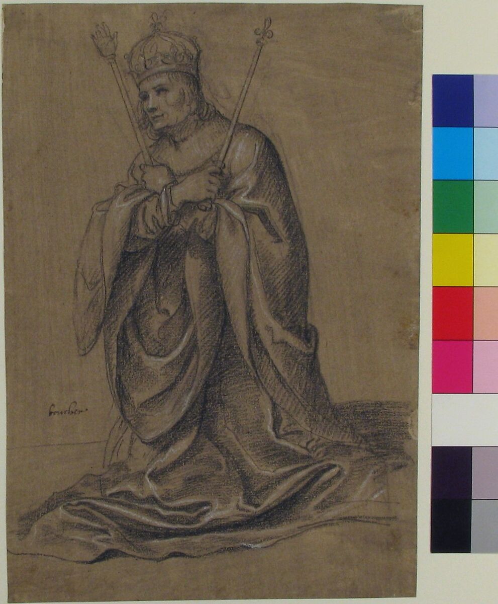 A Kneeling King of France Holding the Scepters of Royal Authority, Jean Boucher (French, Bourges 1568/75–1633), Black chalk heightened with white on brown washed paper