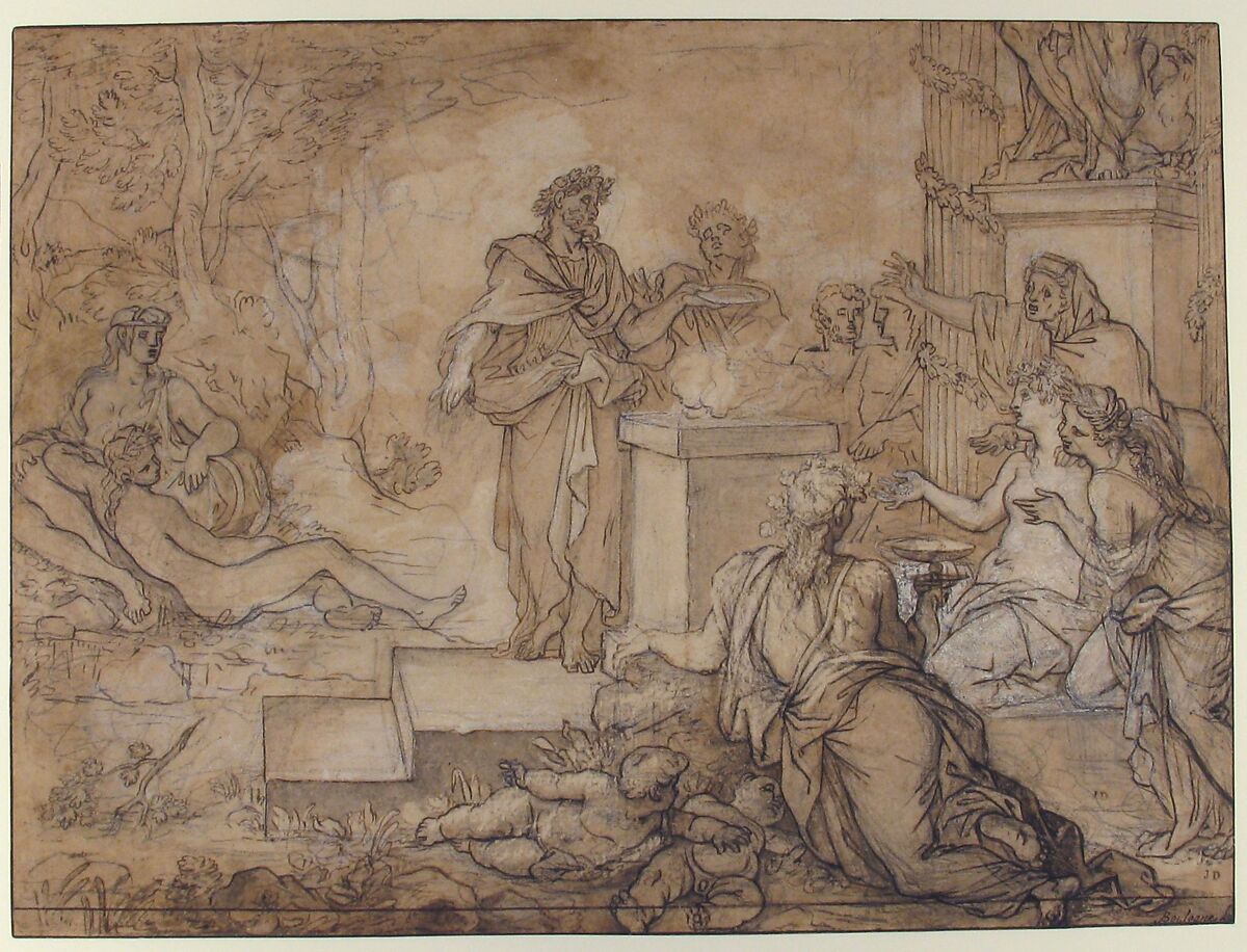 Sacrifice Offered before a Statue of Jupiter, Louis de Boullogne the Elder (French, Paris 1609–1674 Paris), Pen and black ink, heightened with white gouache over black chalk