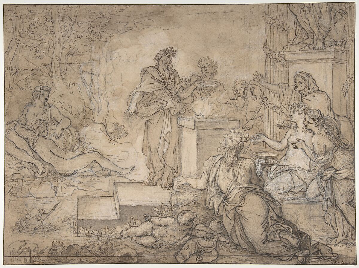 Sacrifice Offered before a Statue of Jupiter, Louis de Boullogne the Elder  French, Pen and black ink, heightened with white gouache over a preliminary design in black chalk; a separate piece of paper has been cut out and affixed over the seated figure at the left margin.