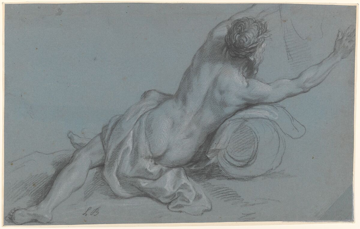 Reclining River God, Louis de Boullogne the Younger (French, Paris 1654–1733 Paris), Black chalk, heightened with white chalk on blue paper 