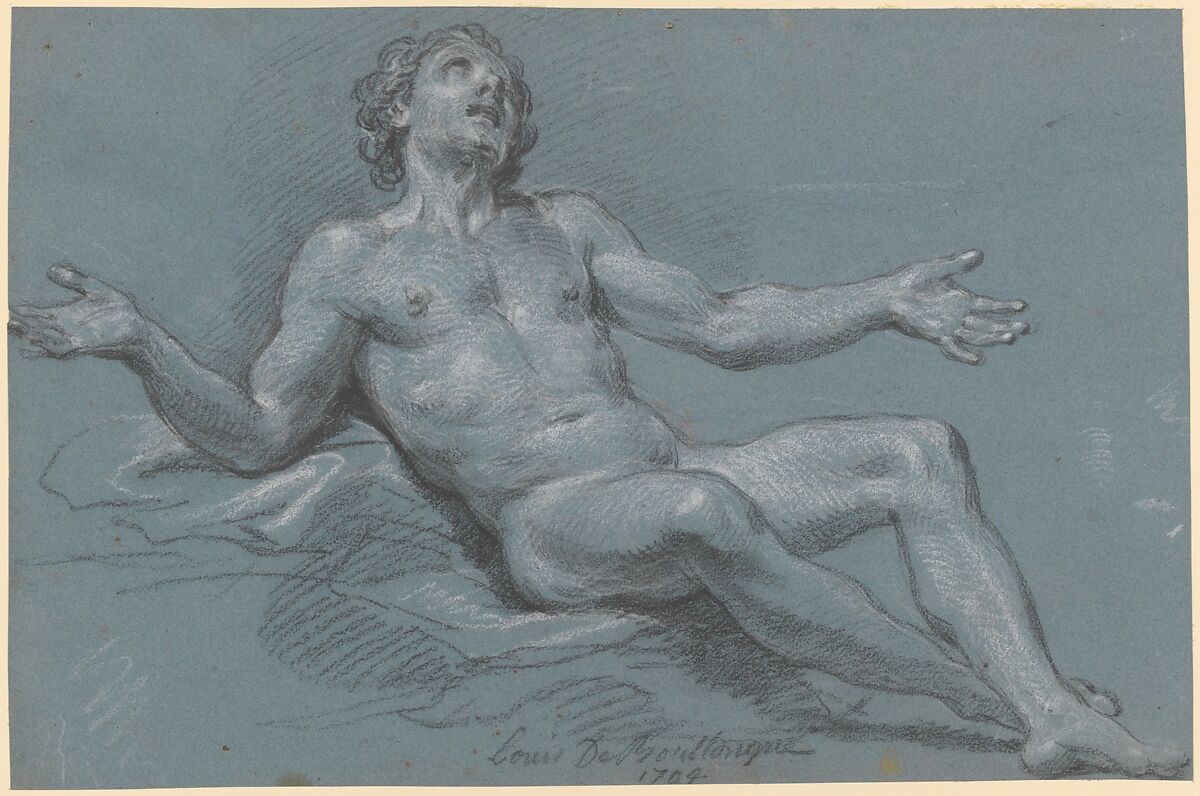 Seated Male Nude, Louis de Boullogne the Younger (French, Paris 1654–1733 Paris), Black chalk, heightened with white 