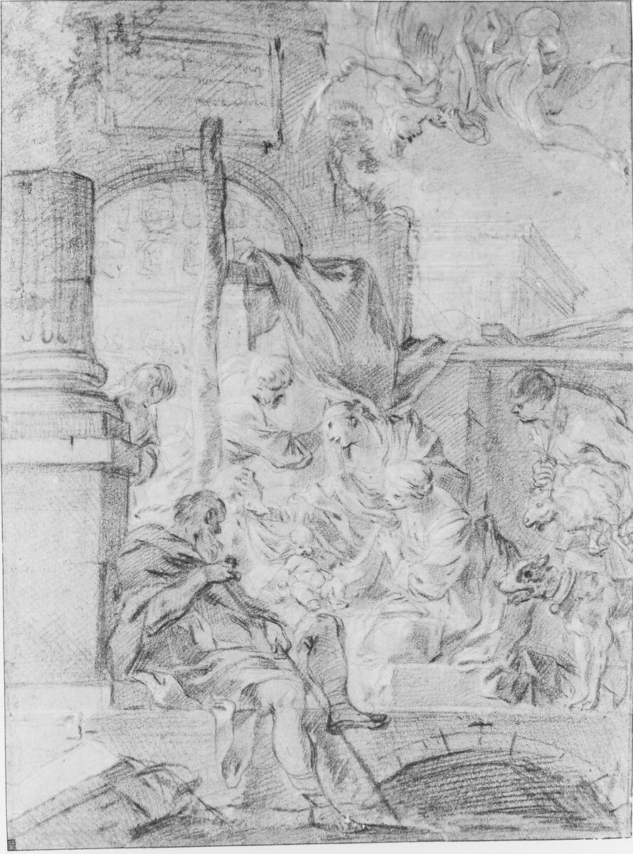 The Adoration of the Shepherds, Sébastien Bourdon (French, Montpellier 1616–1671 Paris), Black chalk, heightened with white, on brown paper; framing lines in pen and black ink