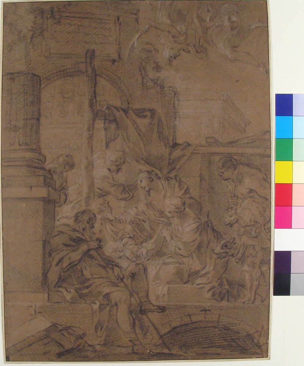 The Adoration of the Shepherds, Sébastien Bourdon (French, Montpellier 1616–1671 Paris), Black chalk, heightened with white, on brown paper; framing lines in pen and black ink