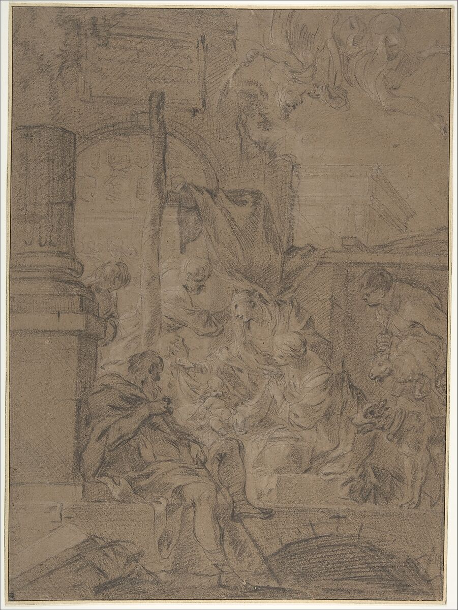 The Adoration of the Shepherds, Sébastien Bourdon (French, Montpellier 1616–1671 Paris), Black chalk, heightened with white, on brown paper, framing lines in pen and black ink. 