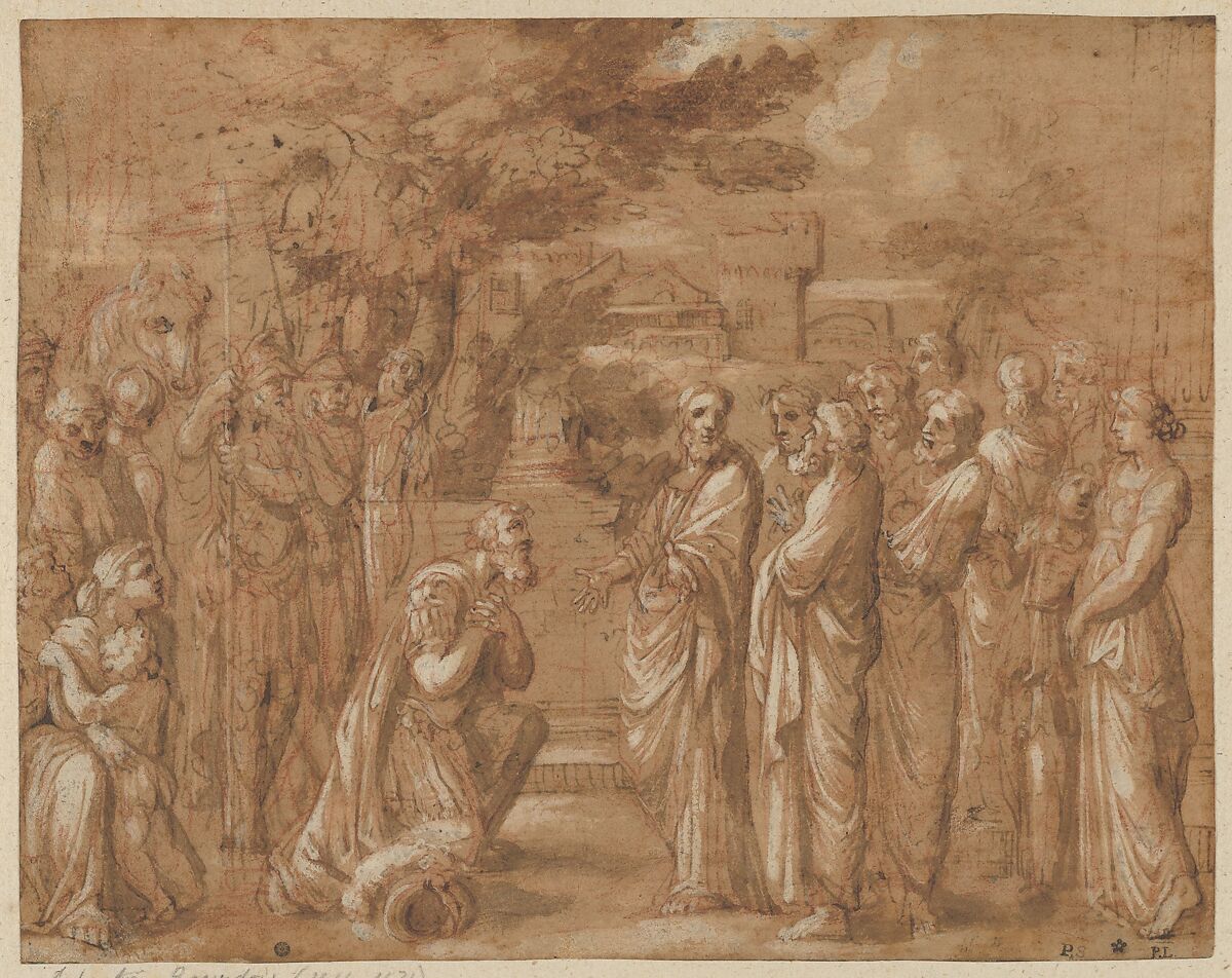 Christ and the Centurion, Anonymous, French, 17th century, Pen and brown ink, brown wash, over red and black chalk, heightened with white 