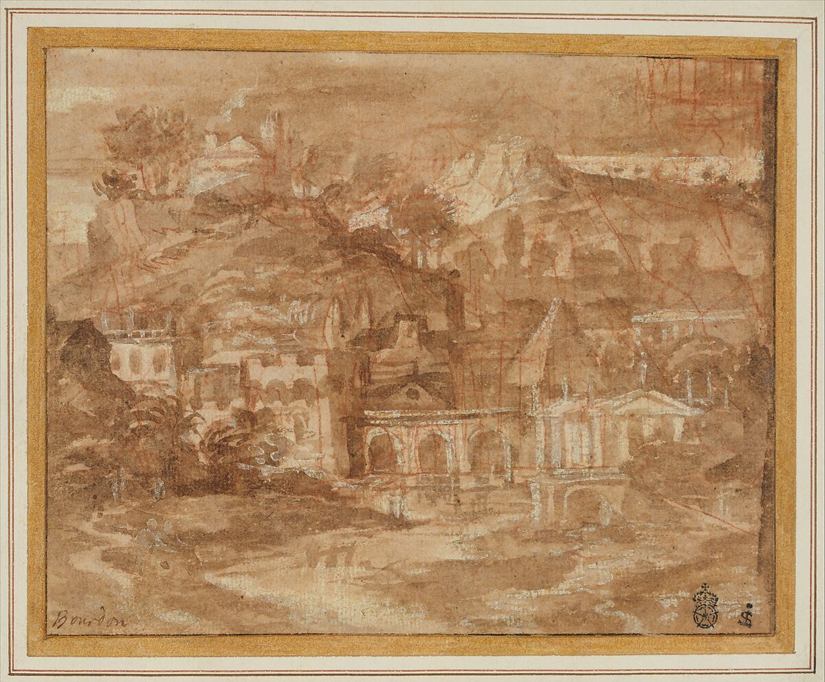 A Classical Landscape with Buildings by a River, Sébastien Bourdon (French, Montpellier 1616–1671 Paris), Brush and brown wash, heightened with white, over red chalk 