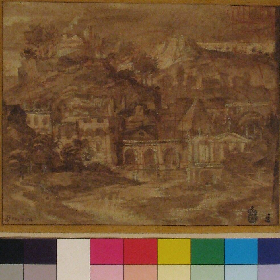 A Classical Landscape with Buildings by a River, Sébastien Bourdon (French, Montpellier 1616–1671 Paris), Brush and brown wash, heightened with white, over red chalk