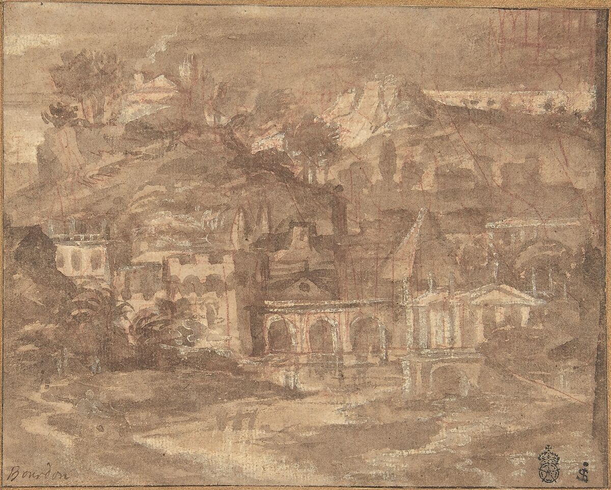 A Classical Landscape with Buildings by a River, Sébastien Bourdon (French, Montpellier 1616–1671 Paris), Brush and brown wash, heightened with white, over red chalk