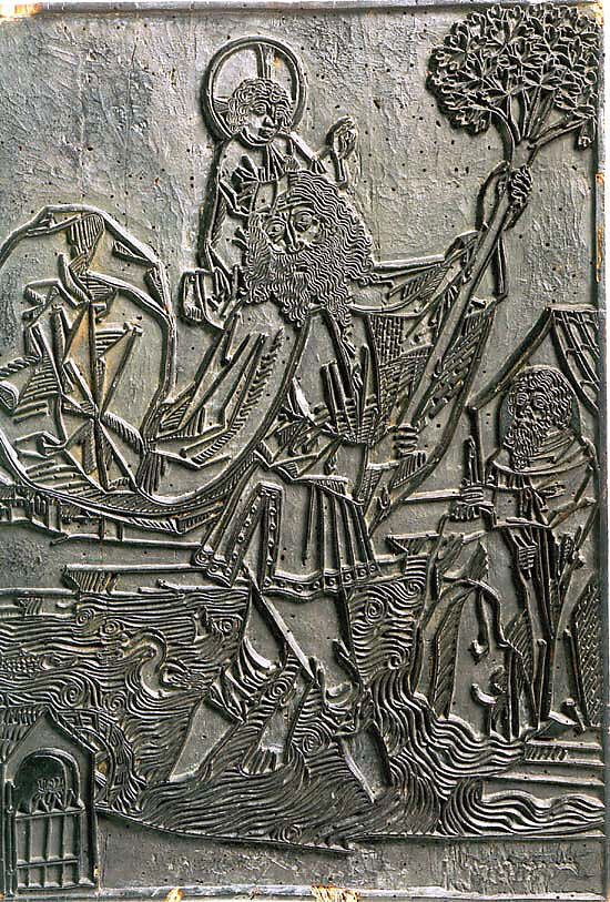 The Crucifixion and St. Christopher, Anonymous, German, Augsburg, 15th century, Pear wood block, carved on two sides