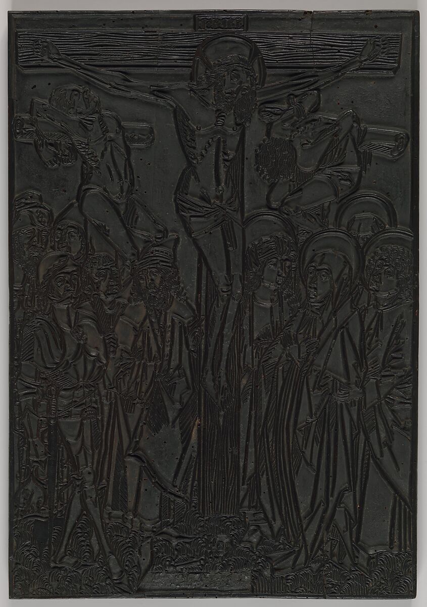The Crucifixion and St. Christopher, Anonymous, German, Augsburg, 15th century, Pear wood block, carved on two sides 