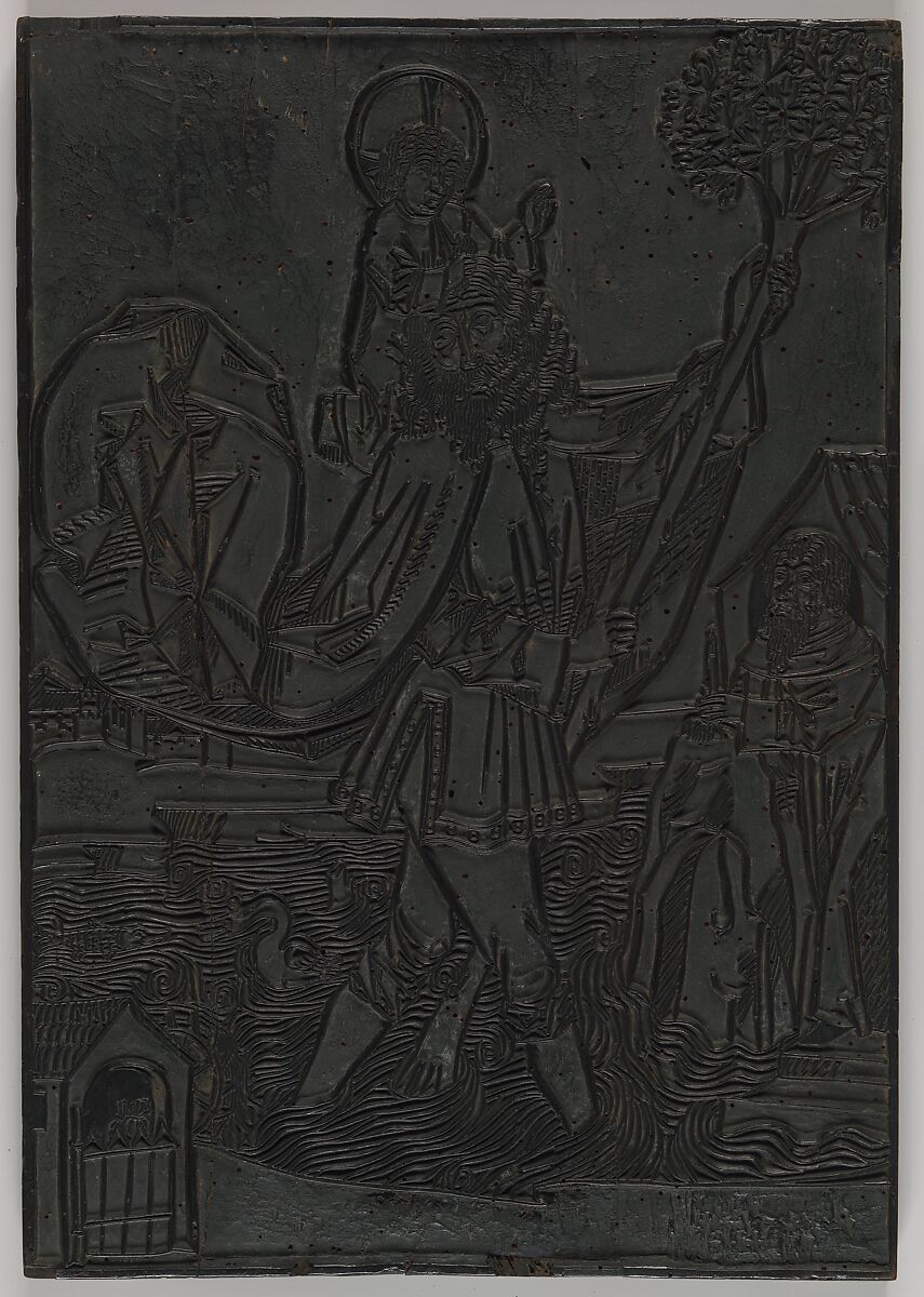 The Crucifixion and St. Christopher, Anonymous, German, Augsburg, 15th century, Pear wood block, carved on two sides