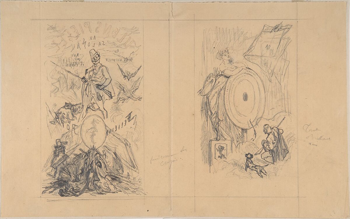 Cover designs for "Ulenspiegel au Salon", Félicien Rops (Belgian, Namur 1833–1898 Essonnes), graphite, highlighted with pen and black ink 