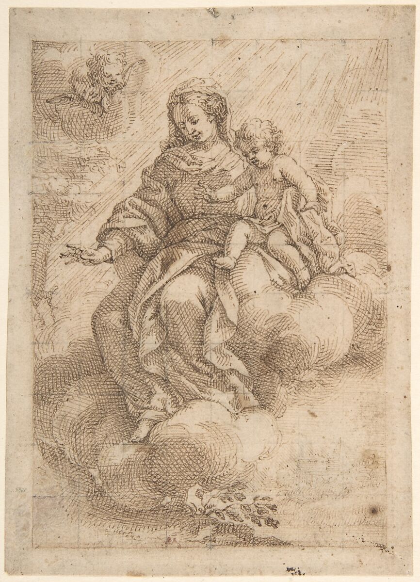 Madonna and Child Seated on Clouds (recto); Madonna and Child in Reverse (verso), Vicente Salvador Gómez (Spanish, Valencia 1637–ca. 1700 Valencia (?)), Pen and brown ink, squared in black chalk for transfer (recto).  Composition outlined in pen and brown ink. On off-white paper.  Black chalk (verso) 