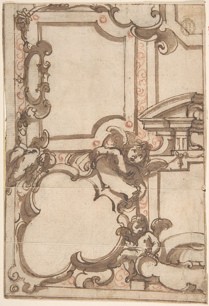 Decorative Design, Anonymous, Spanish, 17th century, Pen and brown ink with brush and wash and red chalk over black chalk underdrawing 